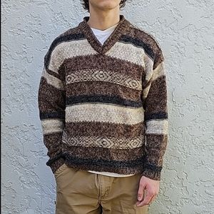 Vintage 90's Grunge St. John's Bay Brown Striped V-Neck Wool Sweater
